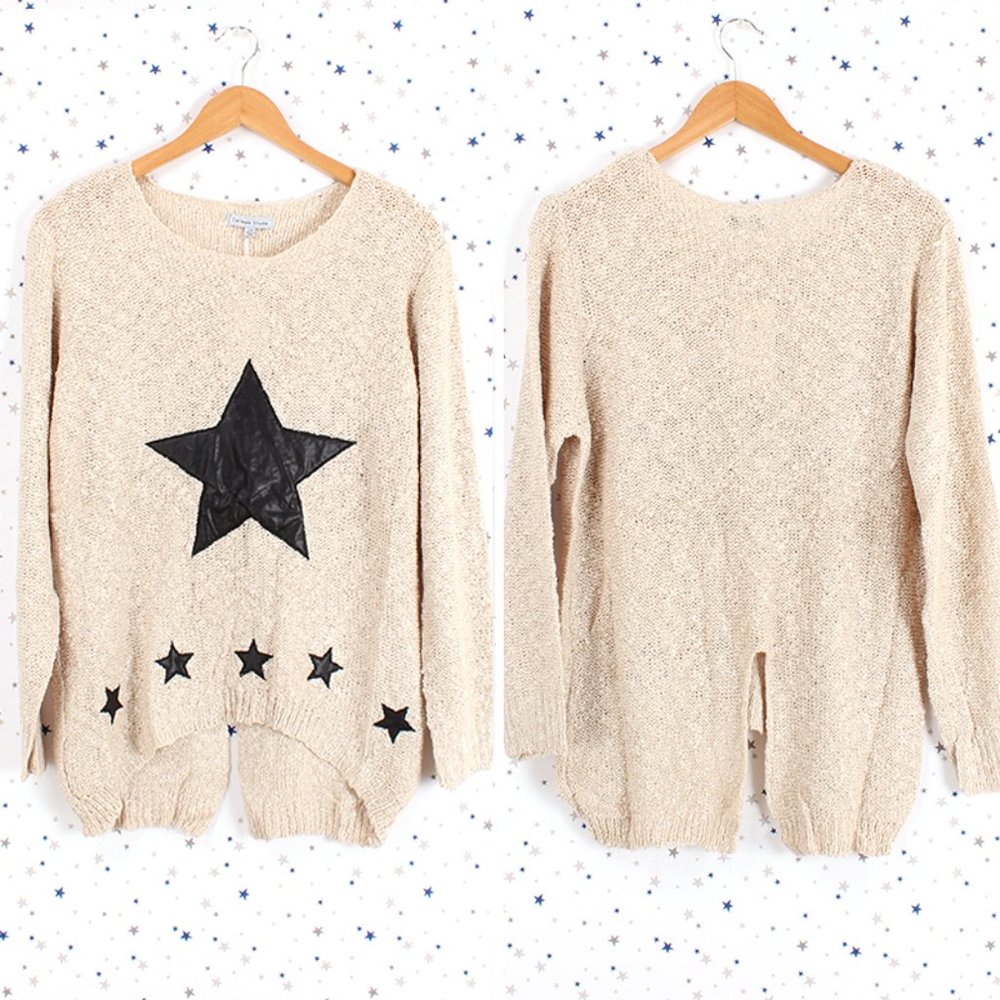 Star Accent Sparkle Knit Sweater Beige